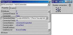 Рис.5 Главное окно сервера с компонентом TADOConnection и окно его свойств